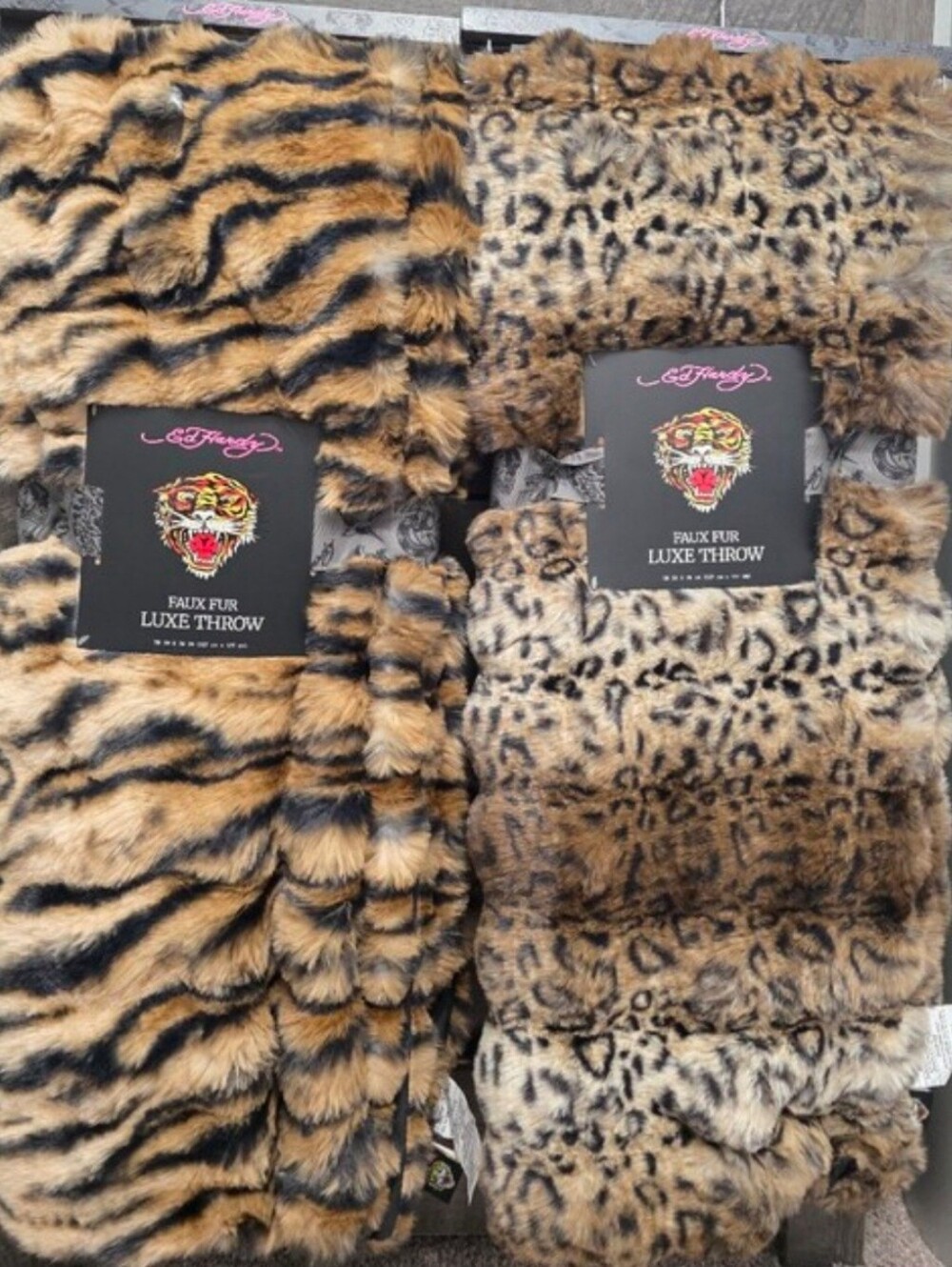 Set Of 2 Ed Hardy Fuax Fur Luxe Leopard&Tiger  50in x 70in New